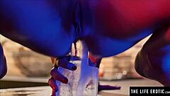 Hot sexy girl smears cream all over her big tits and hairy pussy