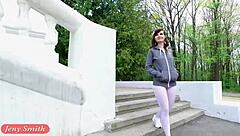 i'm jeny smith flashing my sporty white pantyhose outdoors.