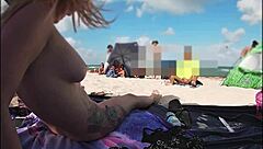 Married woman flaunts her bald pussy at a beach