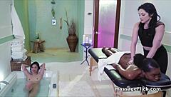 Massage oil and interracial passion at a spa for three people