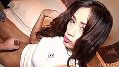 A shemale in jeans gets a raw and intense anal sex in a POV video