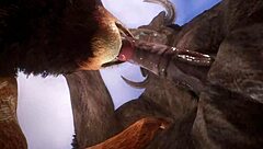 Minotaur fucks lion's ass with rimjob and blowjob before cumming in mouth