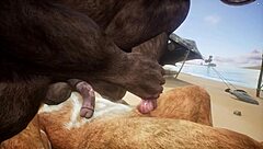 Minotaur fucks lion's ass with rimjob and blowjob before cumming in mouth