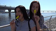 Skinny brunette gets a cum shower in threesome sex adventure