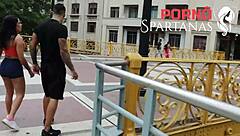 They do doggystyle backstage with dirty talk and shaved pussy