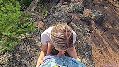 Instructor asks, 'Ready for cum extraction in the mountains?' while hiking with pretty petite girl.