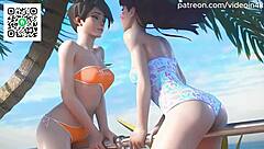 Overwatch hentai with DVA and Tracer licking Mercy