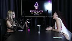 She demonstrates her blowjob skills and strips the presenter.