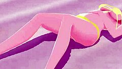 Blonde anime girl Emma flaunts micro bikinis on beach
