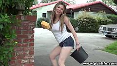 POV sex with a hot brunette at a car wash