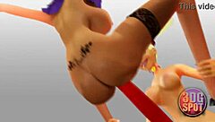 Two busty lesbians try double dildo in public store