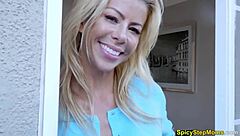 I like to play with my blonde stepmother’s big breasts as if they are toys