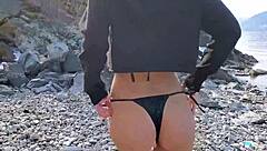 Blonde amateur gives blowjob and doggystyle fuck on public beach pov