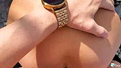 Blonde amateur gives blowjob and doggystyle fuck on public beach pov