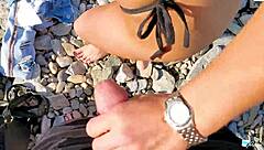 Blonde amateur gives blowjob and doggystyle fuck on public beach pov