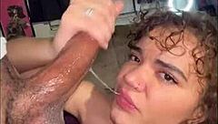 Curly Nympho Sucks Cock in Fishnets