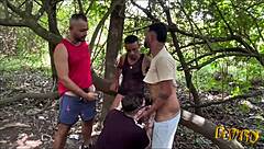 Public bisexual orgy in the woods with gayanal action
