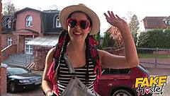 fake hostel cute teen 18+ girl in pigtails gets deepthroat blowjob and hardcore fucking from older owner