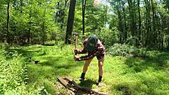 pawg lumberjack strips naked in the forest