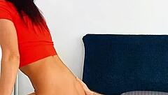 Wild college party scene with a t-shirted brunette gets wild