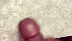 Beautiful scene of an amateur’s high-volume ejaculation on a bathroom countertop