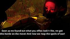 fallen princess gets banged in a threesome with titty fucks and bent over action.