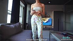 Skinny stepmom moans while getting jizz on her pussy