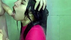 Beautiful Colombian amateur gives blow job in the bathroom