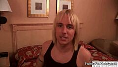 Cute blonde twink gives hardcore blowjob in gay sex