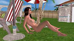 Cute Girl Sits By Pool, Masturbating With Banana In Animated 3D!