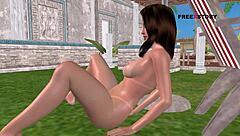 Cute Girl Sits By Pool, Masturbating With Banana In Animated 3D!