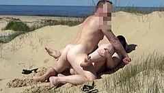 Amateur couple enjoys anal toys on the beach with a plus size woman