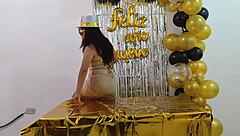 Hot busty executive with shaved pussy fantasizes about sex at New Year work celebration.