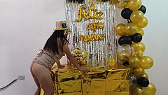 Hot busty executive with shaved pussy fantasizes about sex at New Year work celebration.