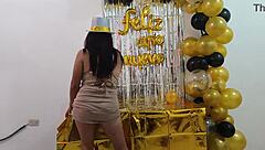 Hot busty executive with shaved pussy fantasizes about sex at New Year work celebration.