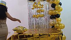 Hot busty executive with shaved pussy fantasizes about sex at New Year work celebration.