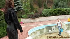 outdoor skank loves pee while riding hard for a facial.