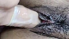 Skinny young latina masturbates hairy pussy riding secretly until creamy cum