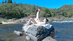 Public beach and bus action leads to massive double cumshot