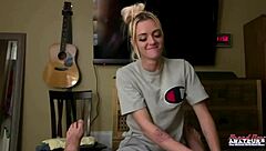 Petite blonde gets a messy facial after ball licking