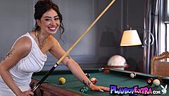 Petite teen's solo striptease on the pool table