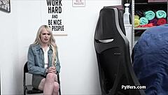 Pretty blonde with soft breasts has to perform a oral sex on a guard