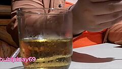 Pretty MILF stepmother showing her breasts in public while having a drink