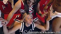 Teen girls get interracial blowjobs and handjobs leading to facial jizz from big black cocks