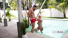Blonde bombshell Elana Bunnz in hardcore outdoor pool scene