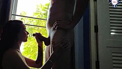 beautiful european roommate teases with blowjob on big cock, wet pussy in sunset view