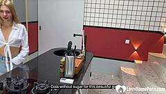 Horny blonde gf takes anal doggy style on her knees