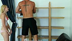 Alexa Grace cleans in panties and bra, then gives blowjob