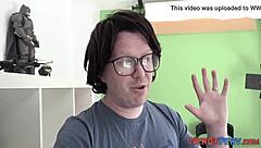 British skinny guy gets his first blowjob from a tricked nerd in Leeds