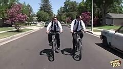 Blonde with big tits gets double penetration from horny guys in group scene